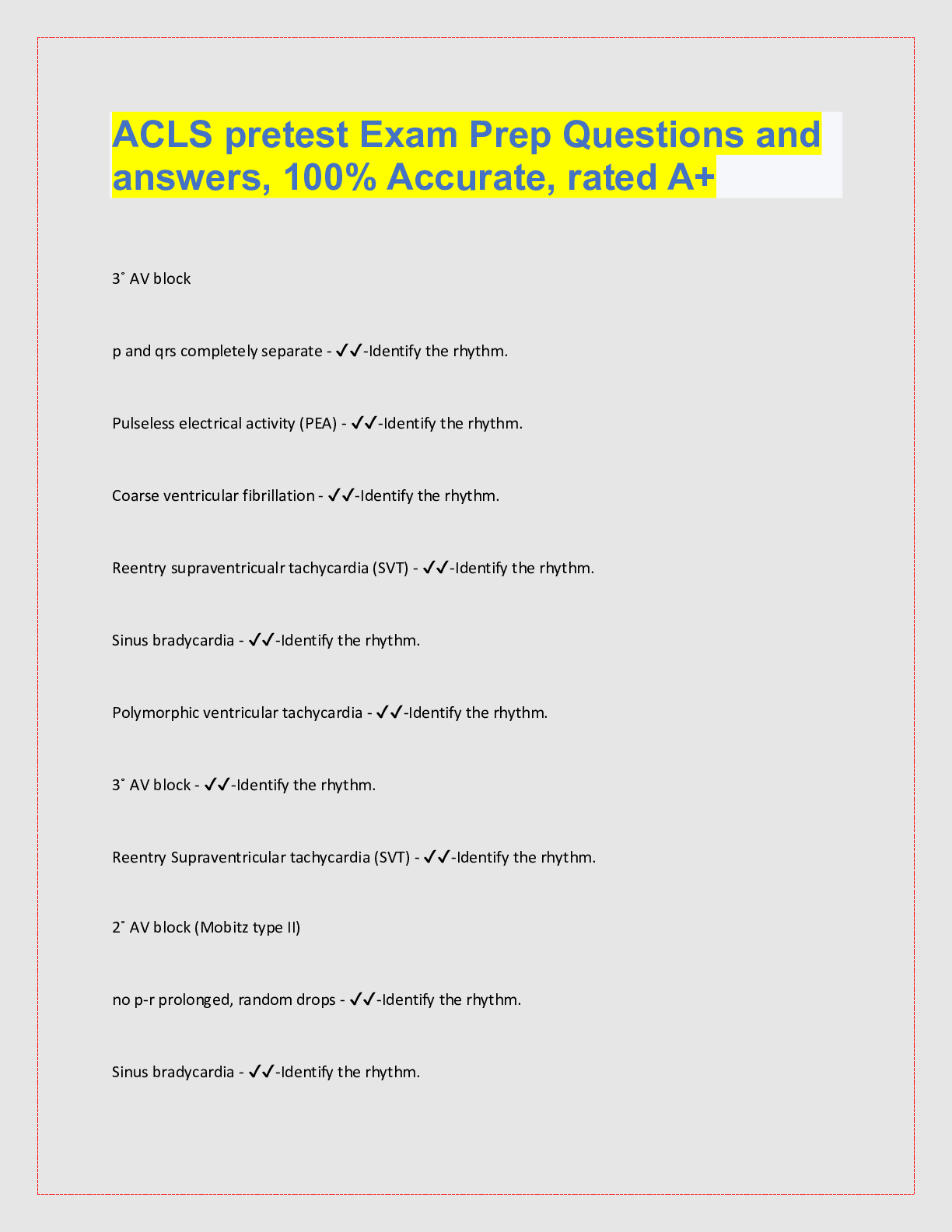 ACLS pretest Exam Prep Questions and answers, 100 Accurate, rated A+ 3